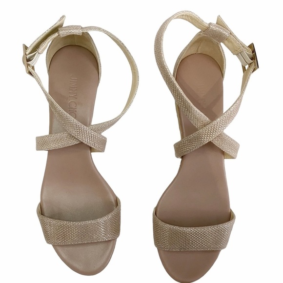 JIMMY CHOO PORTIA 120 GLITTERED METALLIC LEATHER CRISS CROSS STRAP WEDGE SANDALS - Picture 4 of 8